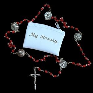 Vintage Prayer Beads Rosary Pope John Paul II Red Glass Vintage Crucifix Cross